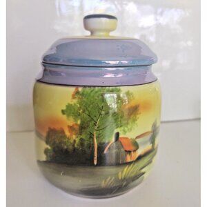 Noritaki Hand Painted "Cottage on Lake Scene" Lidded Lustware Biscuit Jar 5.5"